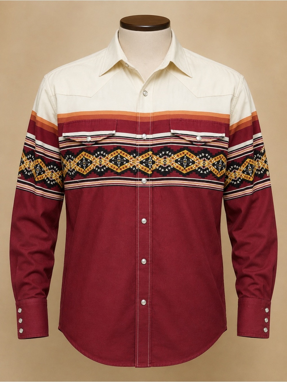 Roper Western Aztec Pearl Snap Shirt Men’s Large Burgundy Cowboy